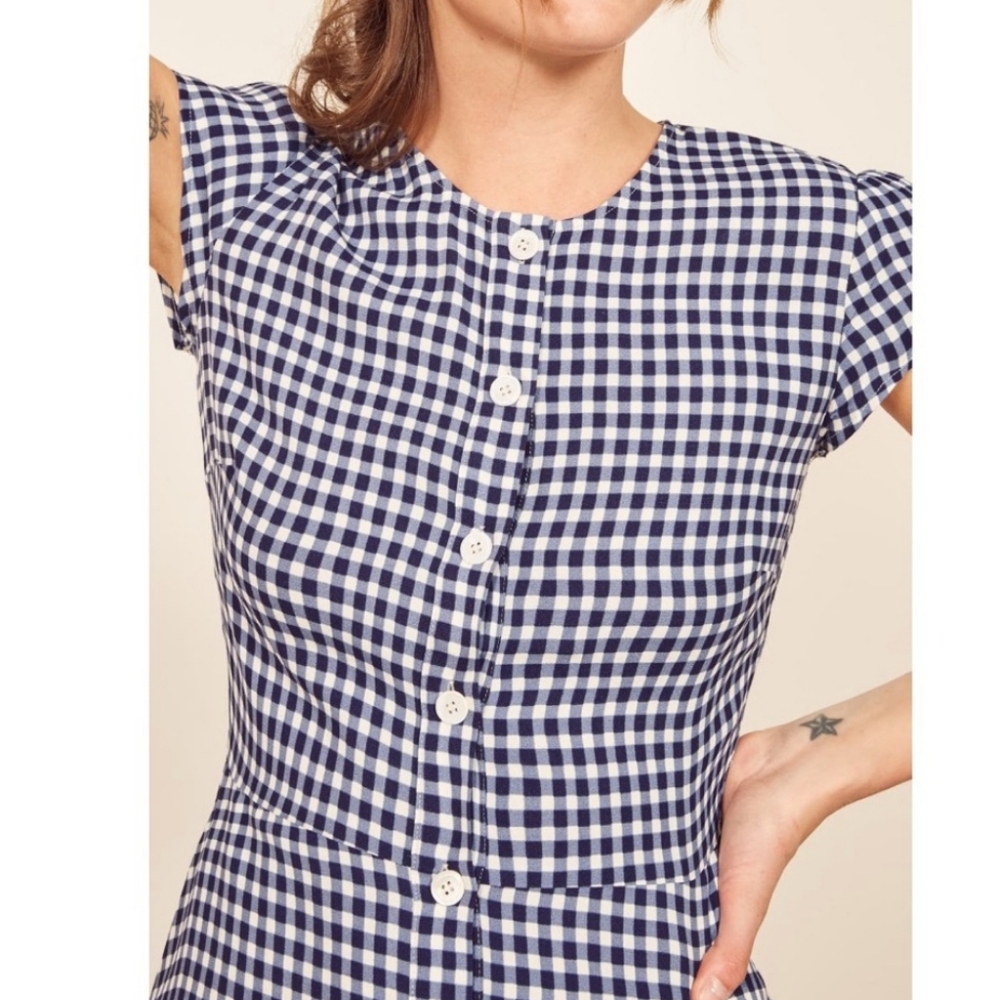 Reformation Navy and White Gingham Button-Front Mini Dress - Picture 3 of 6